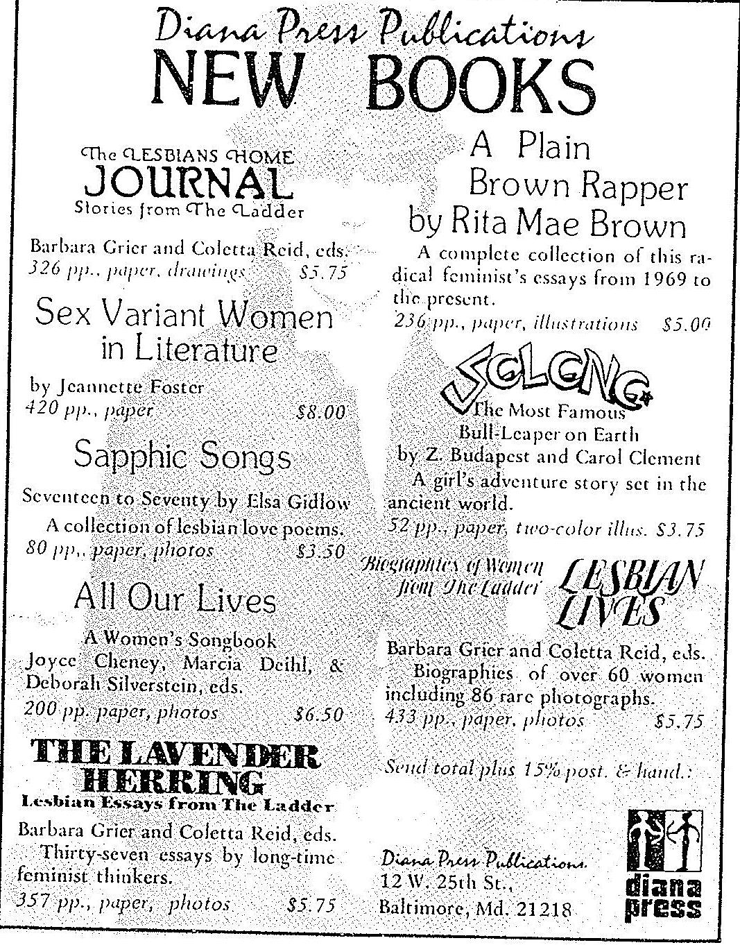 An old print advertisement for various female created works such as essays and songs.